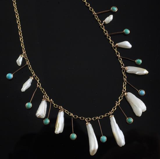 An Edwardian 9ct gold, turquoise and baroque pearl drop necklace, in Challoner & Mitchell box, 40cm.